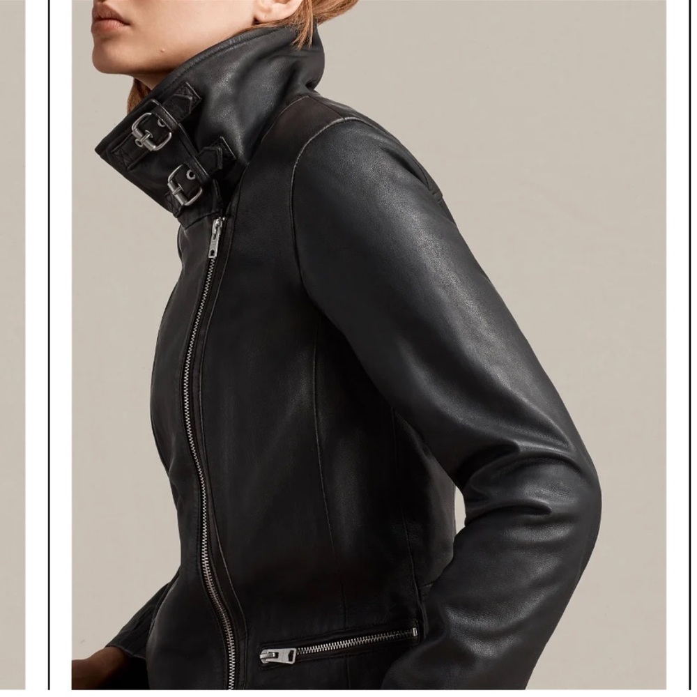 AllSaints Bales Leather Biker Jacket Black Lamb Leather Asymmetric Zip – US 0